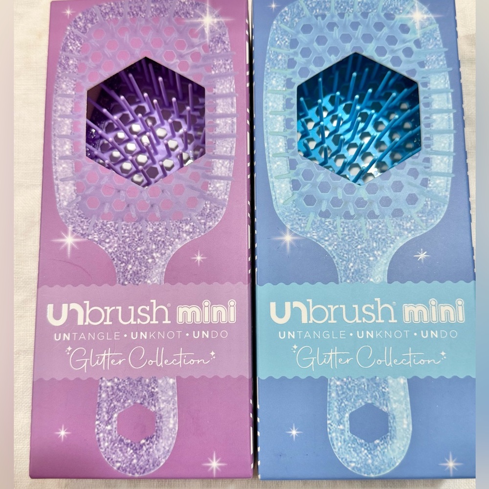 2 FHI Unbrush Mini glitter collection brushes in purple & sapphire